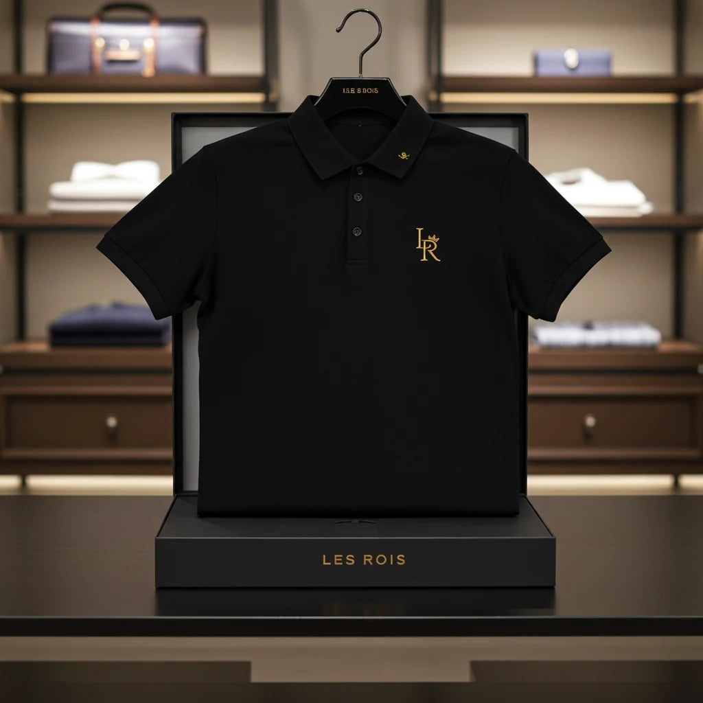 Les Rois Noir Impérial polo displayed in a warm, dark wardrobe